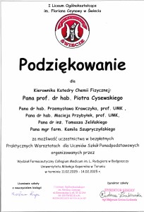 Podziękowania za organizację VI edycji Warsztatów dla Uczniów Szkół Ponadpodstawowych. Kliknij, aby powiększyć zdjęcie.